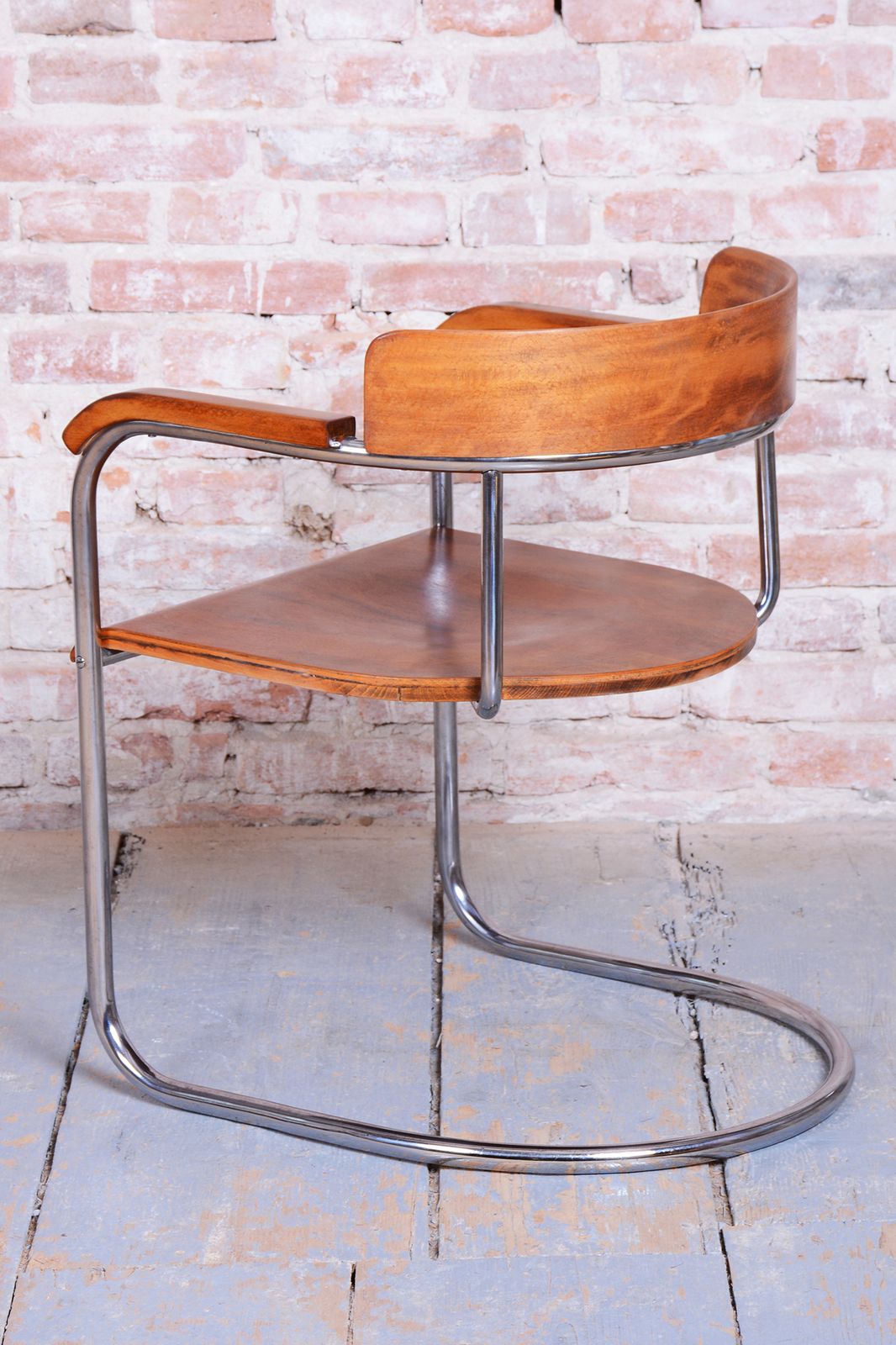 photo for sale Restored Bauhaus Armchair, By H. Gottwald, Beech, Walnut, Chrome, Czech, 1930s