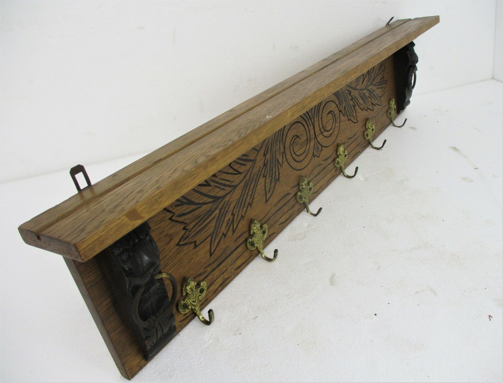 Hand Carved Wood  Wall Shelf Coat Hat Kitchen Rack Lion Heads Two Toned Gorgeous photo for sale
