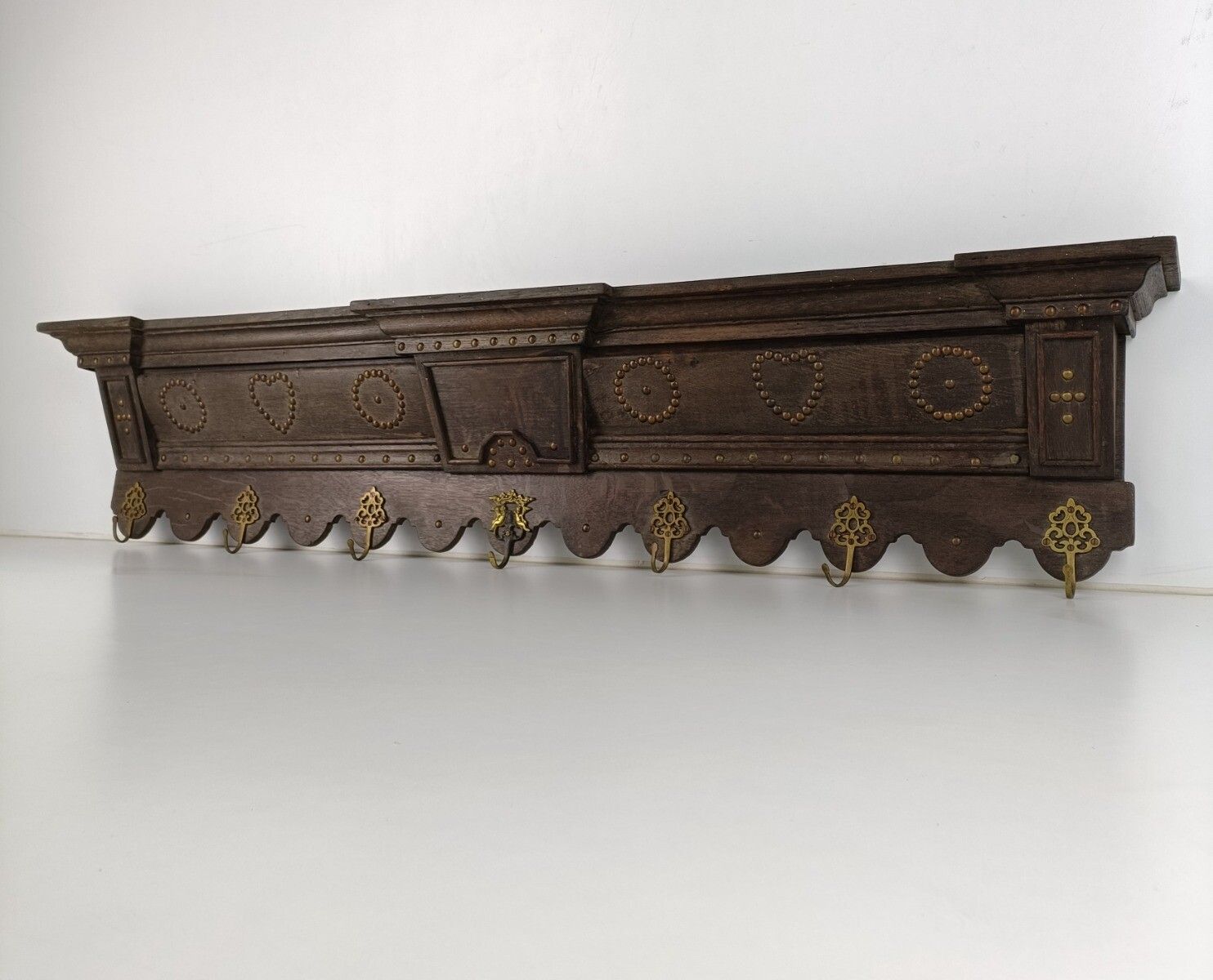 Magnificent Antique Carved Wood Coat Hat Rack Ornate Etched Hand Carved Wood Hob photo for sale