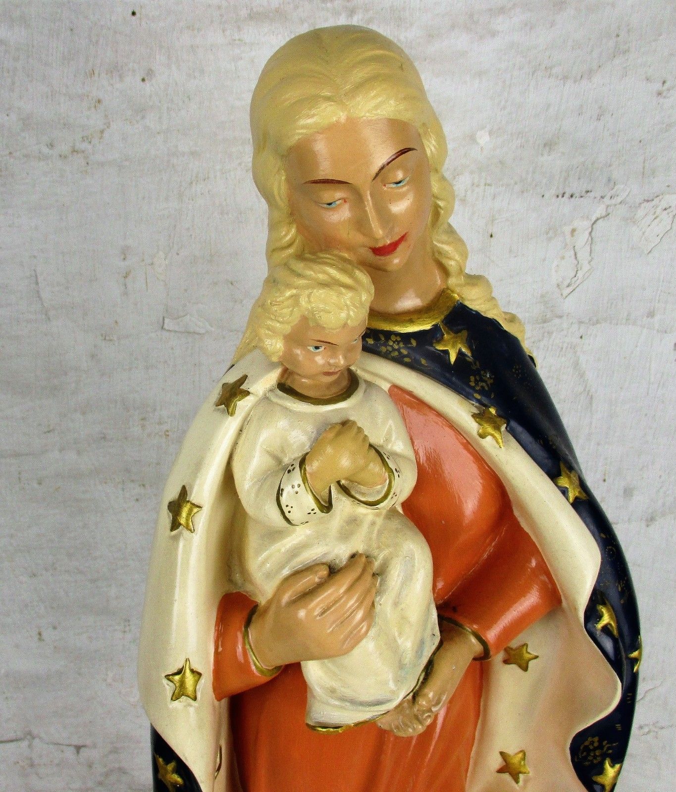 Large Polychrome Statue Virgin Mary Holy Mother Infant Child Mid Century Modern photo furniture