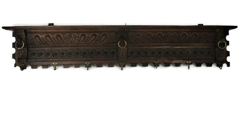 Antique Hand Carved Dark Wood  Wall Shelf Coat Kitchen Rack  Lion Heads Wow