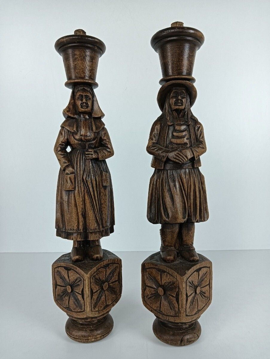 380.0 Large Antique Hand Carved Wooden Trims Breton Figures Couple France Reclaimed Ar photo
