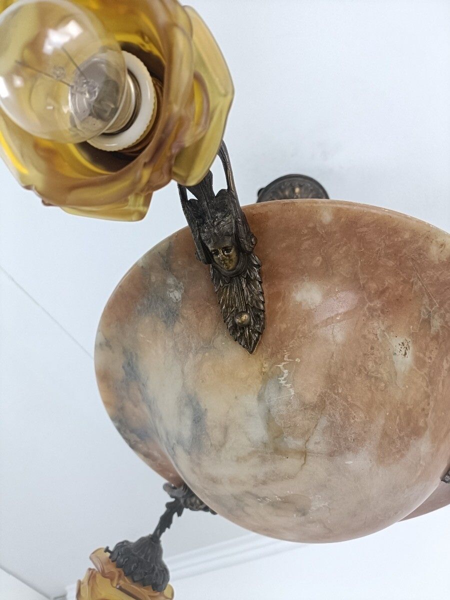 Art Nouveau Pendant Chandelier Alabaster Amber Flower Shades 3 Arm Antique 4 Lig photo buy
