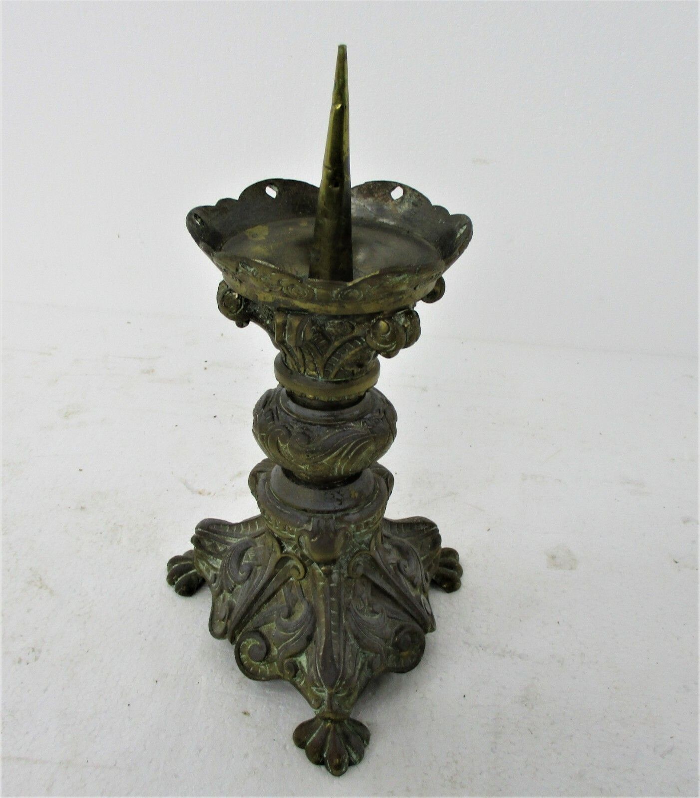 Antique 1900 Candle Holder Candlestick Church Altar Brass Heraldic Gothic photo for sale