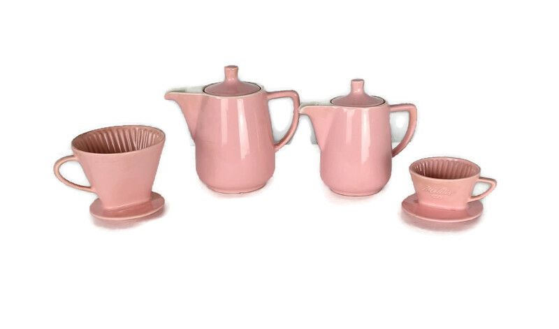 Set Antique Pink Porcelain Melitta Art Deco Teapot Coffee Pot Filters