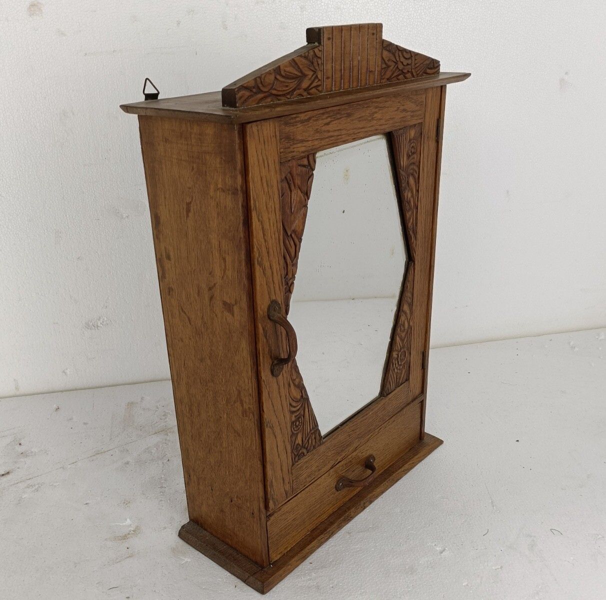 photo furniture Medicine Apothecary Cabinet Gorgeous Ornate Wood Beveled Glass Japandi Style