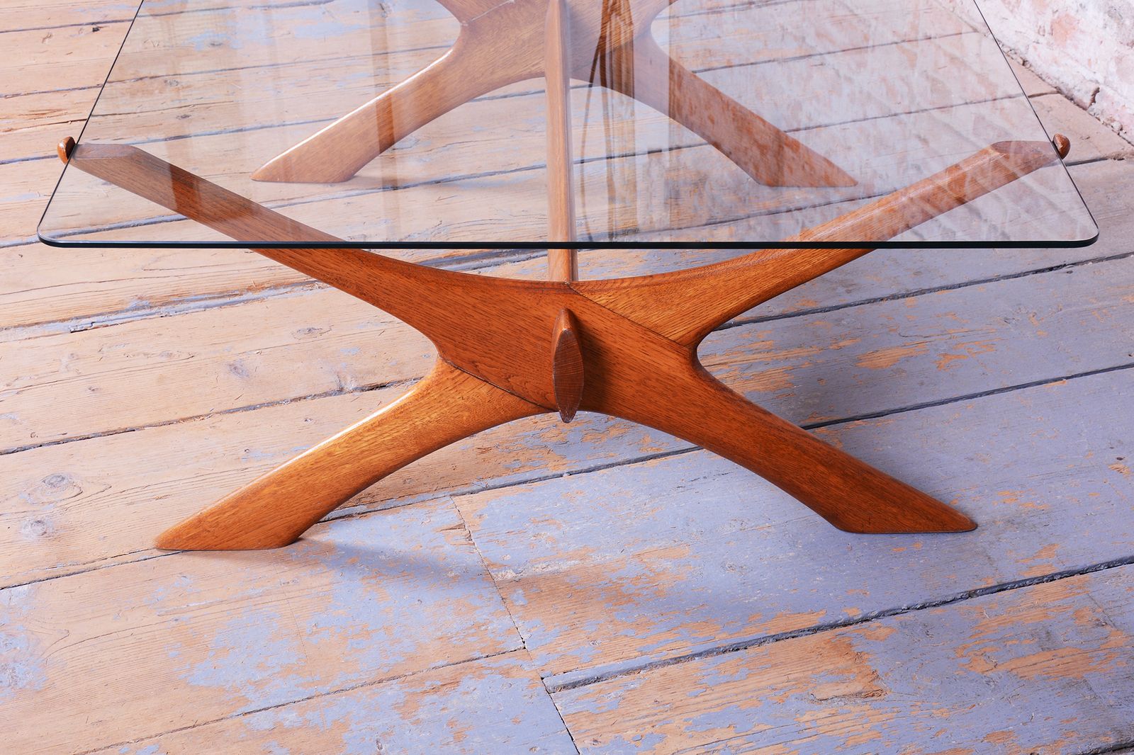 Restored Mid Century Dinig Table, By F. S. Abeln, Oak, Glass, Italy, 1950s photo 2150.0