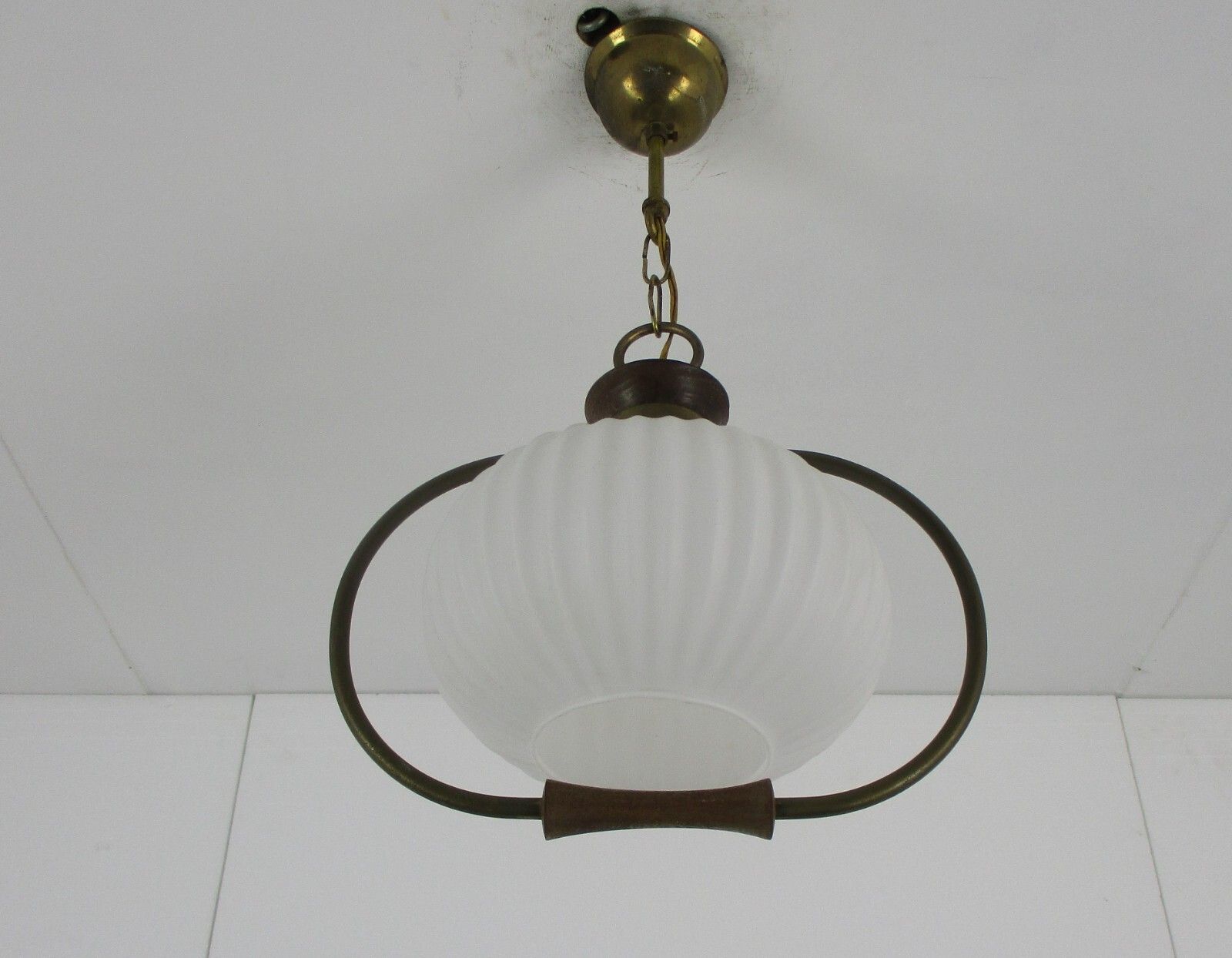 Danish Modern Chandelier Pendant Teak Brass Opaline Glass  Louis Kalff Atomic photo for sale