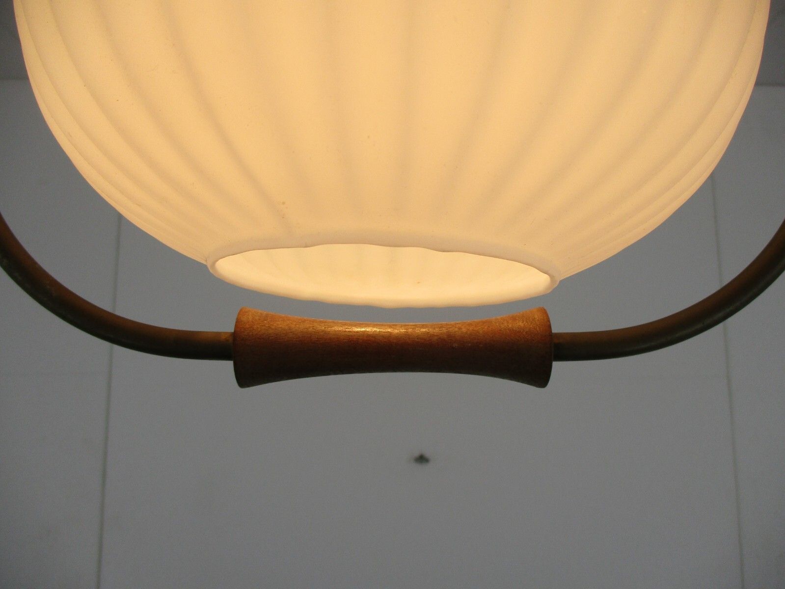 Danish Modern Chandelier Pendant Teak Brass Opaline Glass  Louis Kalff Atomic photo 334.0