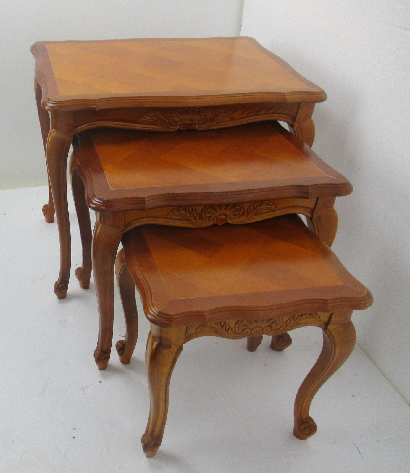 Set Of 3 Mid Century Wooden Stacking Nesting Side Tables Inlay Look photo vinterior