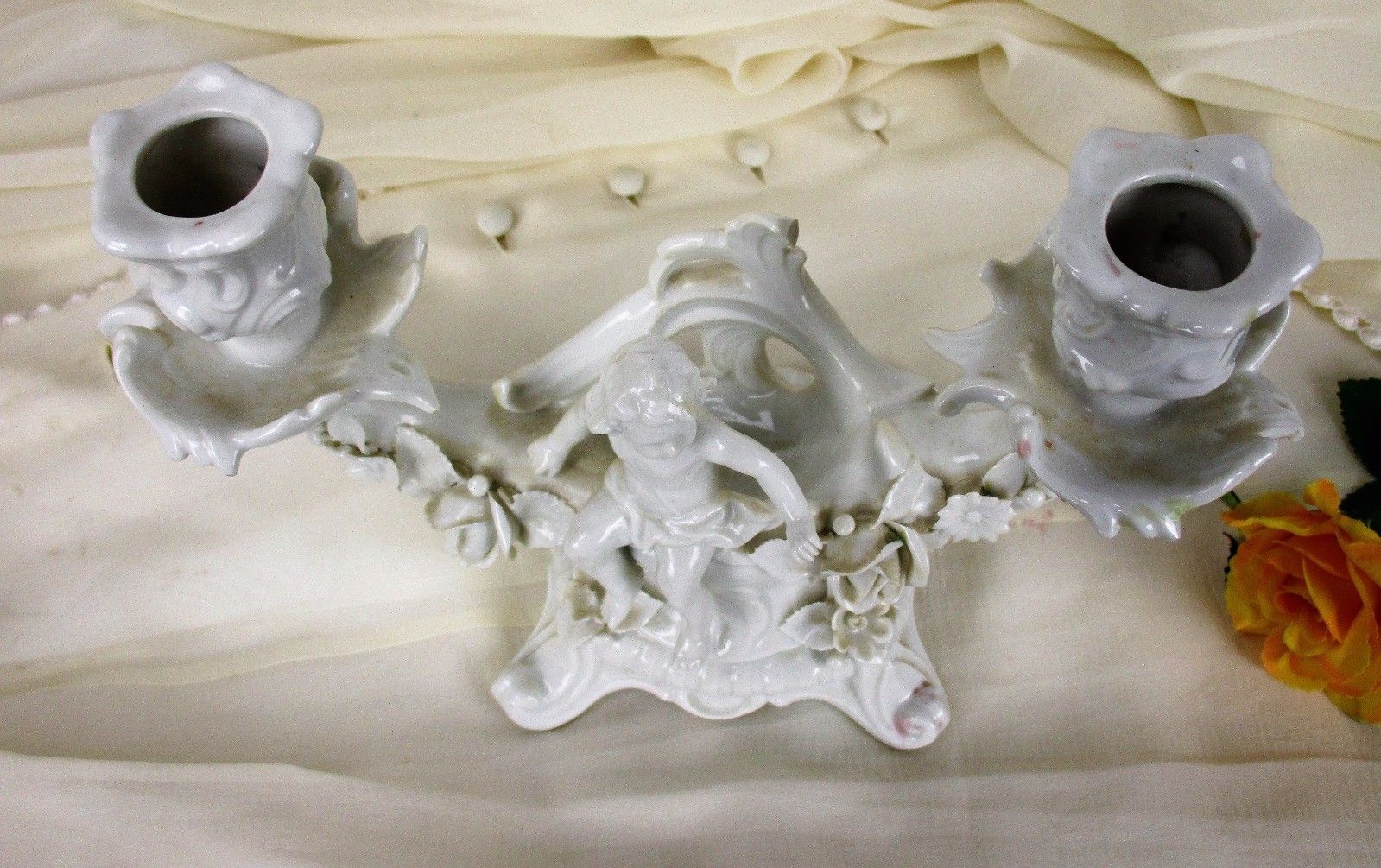 Voigt Sitzendorf Porcelain Double Candle Holder Candelabra  Putti Angels Cherubs photo vinterior