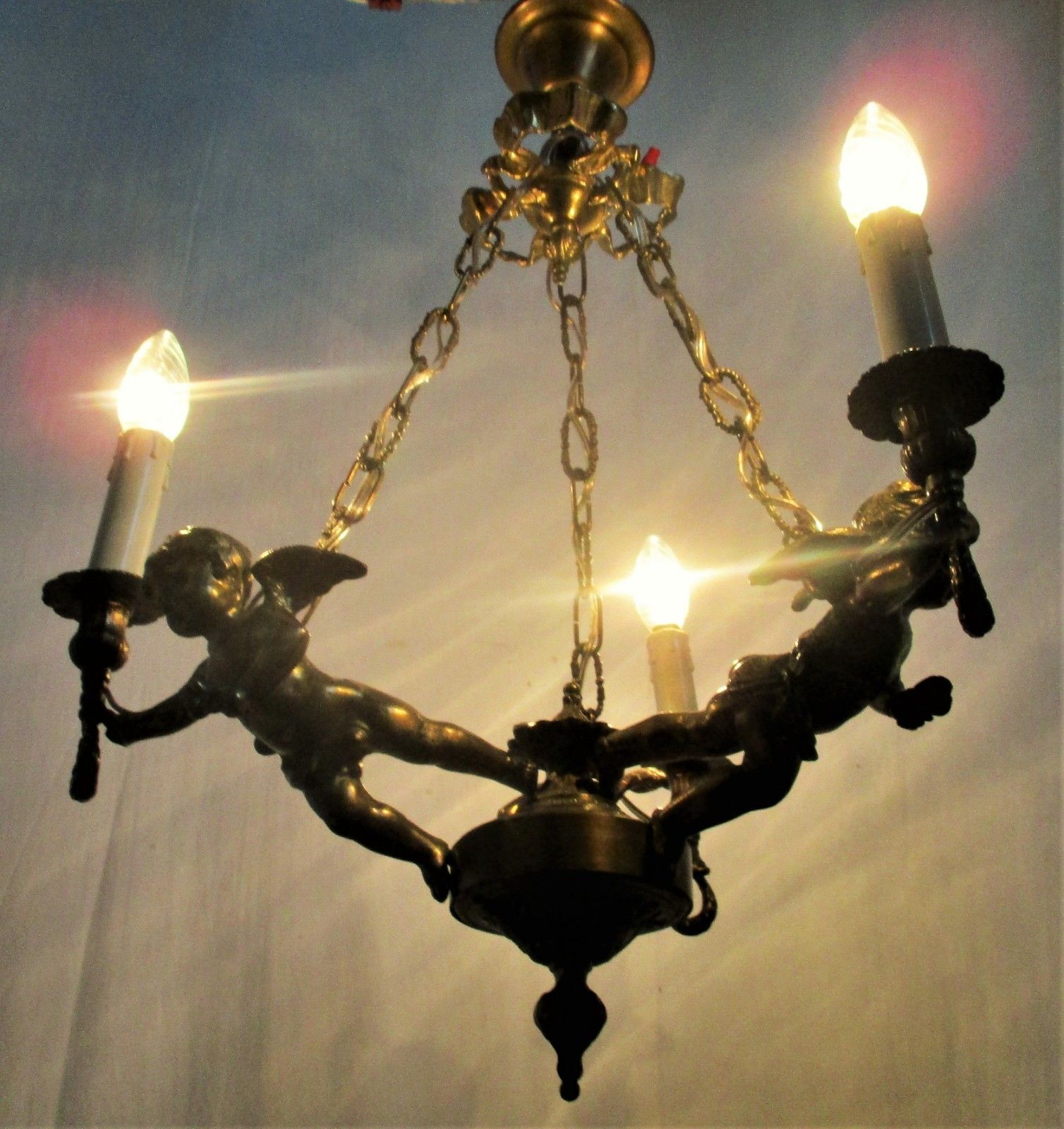 French Bronze Chandelier 3 Lights Arms Putti Cherub Hollywood Regency Romantic photo for sale