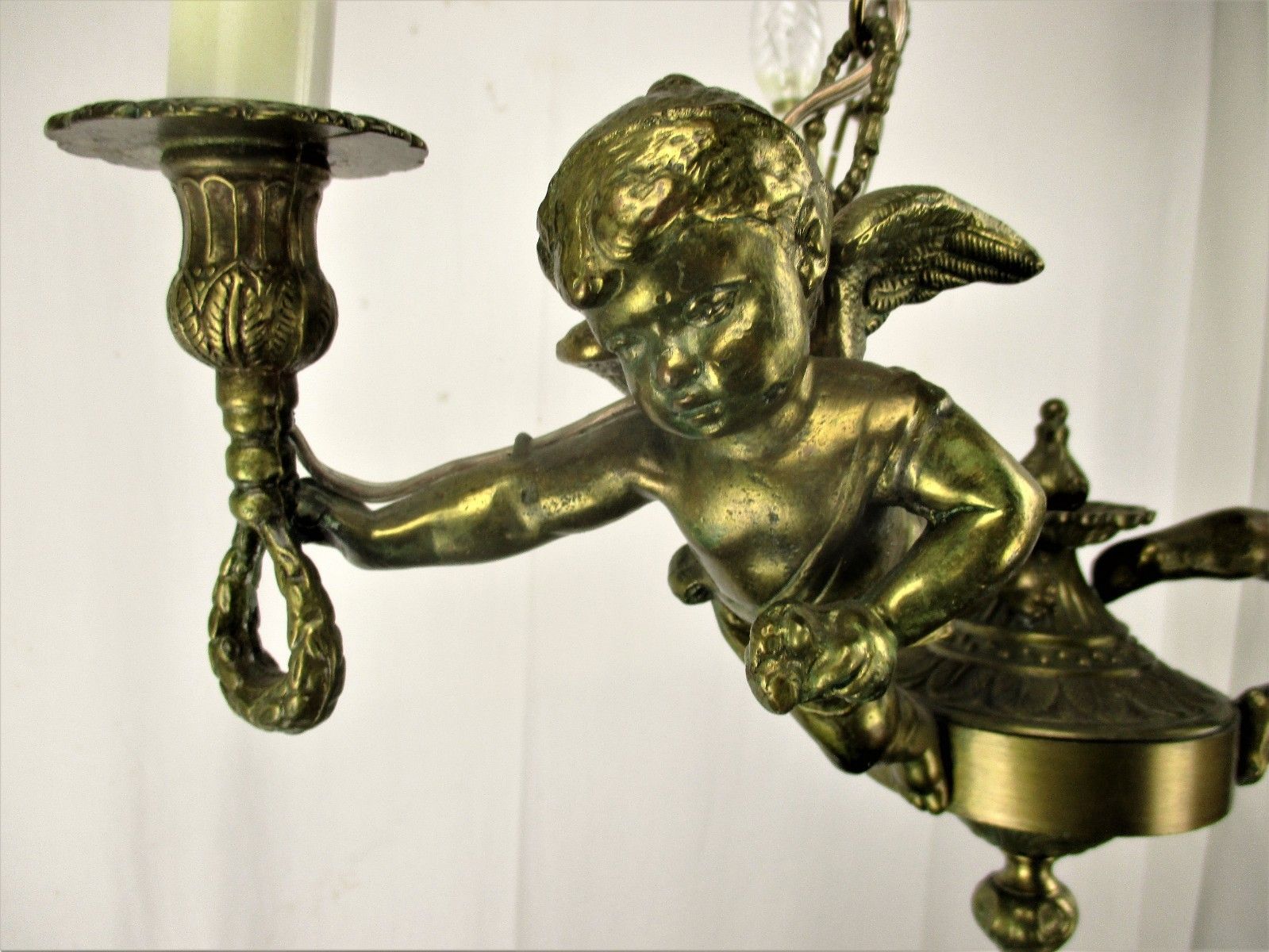 French Bronze Chandelier 3 Lights Arms Putti Cherub Hollywood Regency Romantic photo Lighting