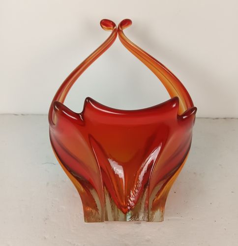Italian Red  Bowl Dish Centerpiece Murano Seguso Art Glass Modernist Basket Vint photo buy