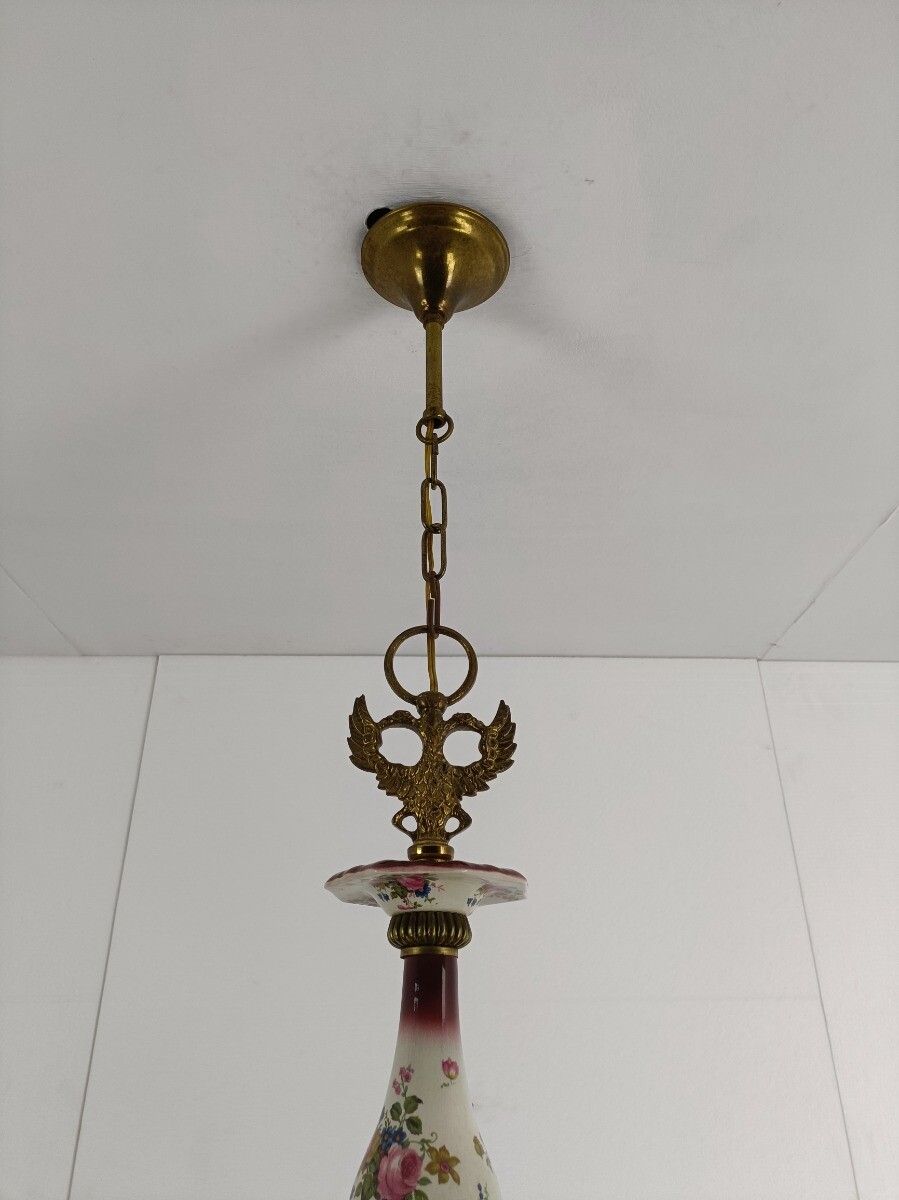 Chandelier 6 Arms Lights Ceramic Porcelain Pink Flowers  Mid Century  Eagle Hera photo buy