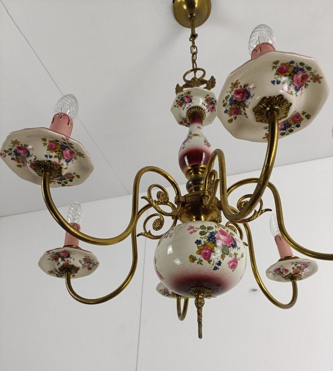Chandelier 6 Arms Lights Ceramic Porcelain Pink Flowers  Mid Century  Eagle Hera photo vintage