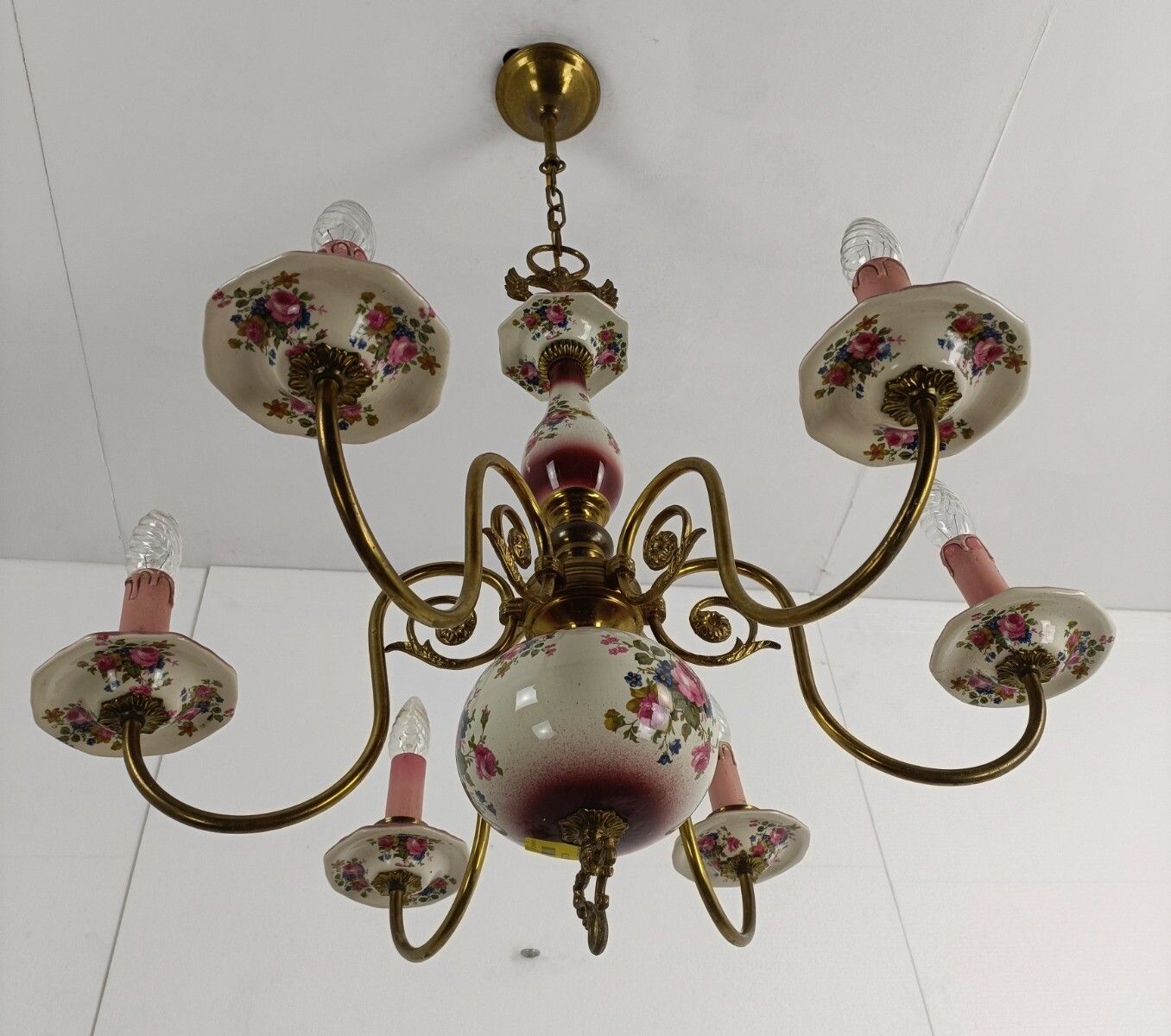 photo furniture Chandelier 6 Arms Lights Ceramic Porcelain Pink Flowers  Mid Century  Eagle Hera