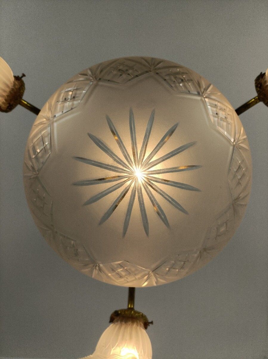 Chandelier  Art Deco 4 Lights 3 Arm Brass Etched Glass Shades Gorgeous Light Pen photo buy