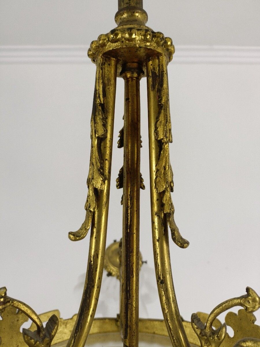 photo for sale Chandelier  Art Deco 4 Lights 3 Arm Brass Etched Glass Shades Gorgeous Light Pen