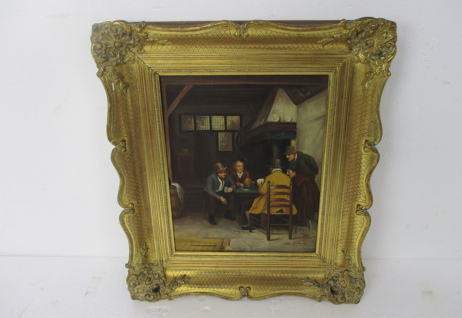 Lovely Oil Painting On Canvas Framed Beautiful Men Playing Cards In The Pub Sign photo furniture