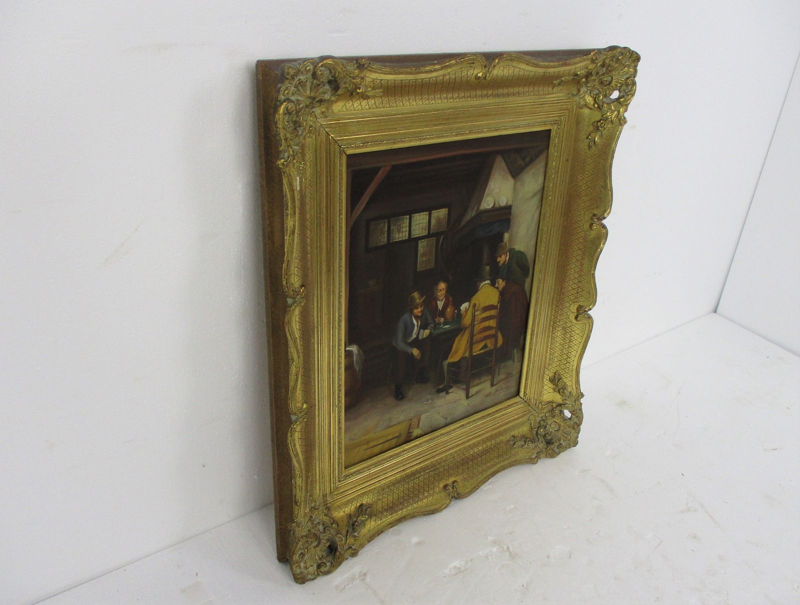 Lovely Oil Painting On Canvas Framed Beautiful Men Playing Cards In The Pub Sign photo for sale