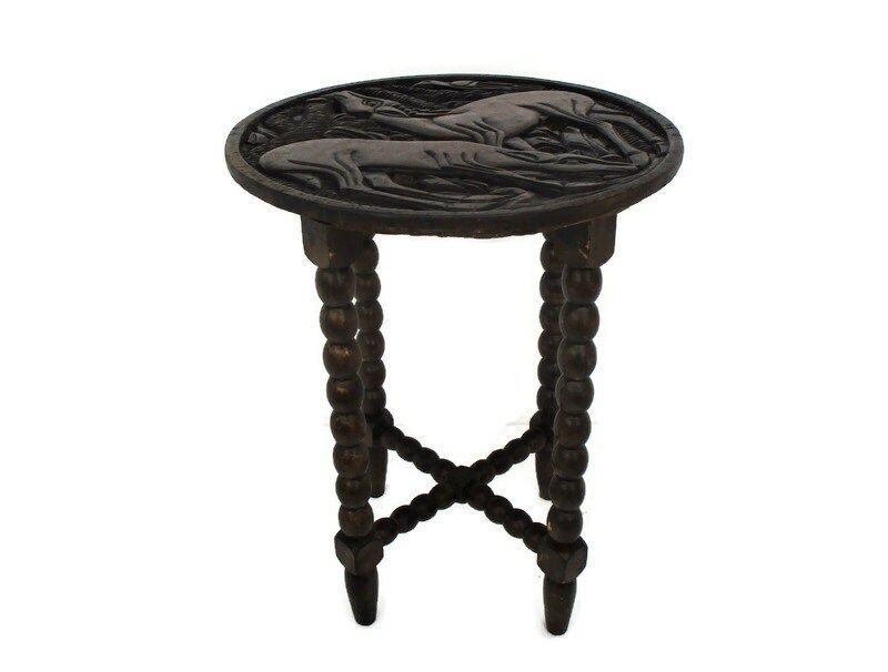 Ornate Hand Carved Wooden Table Deer Mountain Goats Coffee Side Table Wow