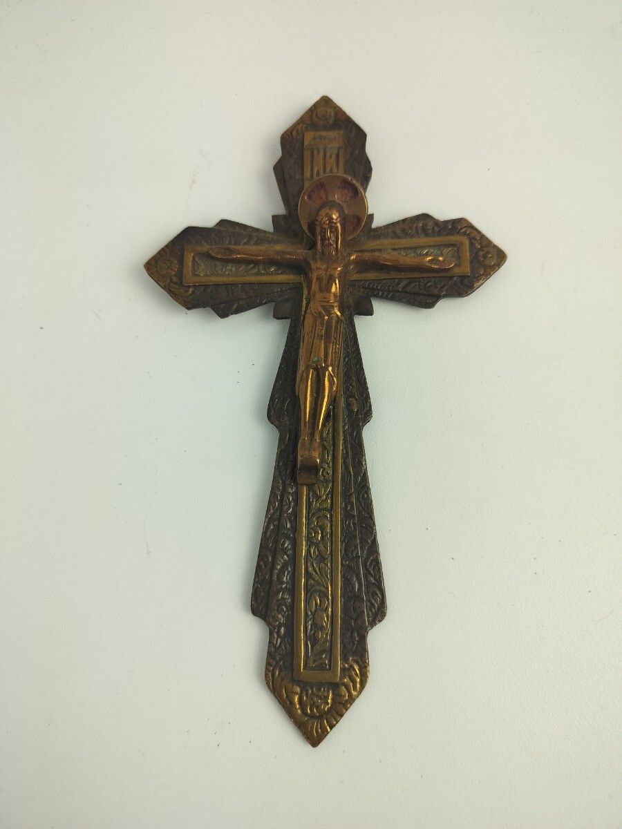 Lovely Vintage Ornate Brass Red Copper Enamel Wall Hanging Crucifix French photo furniture