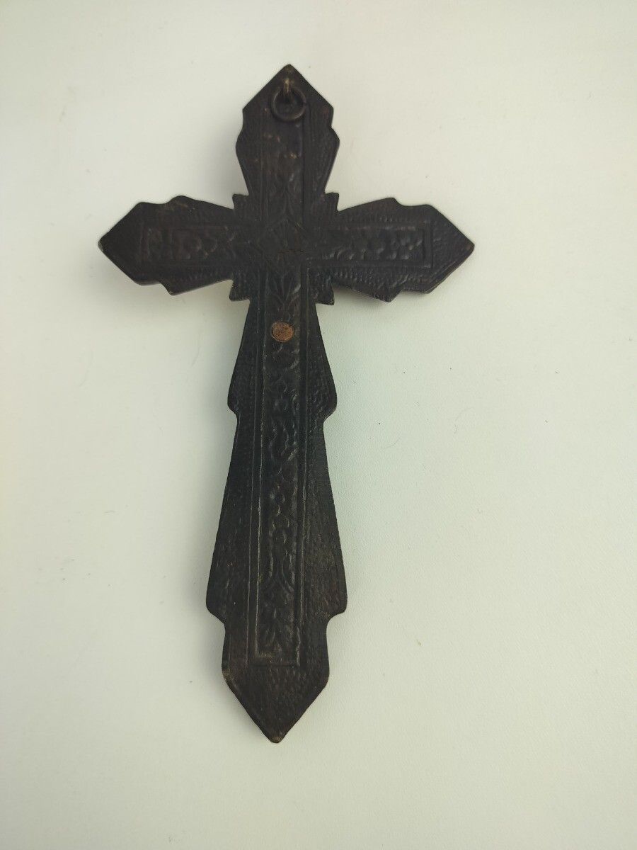 Lovely Vintage Ornate Brass Red Copper Enamel Wall Hanging Crucifix French photo 57.0