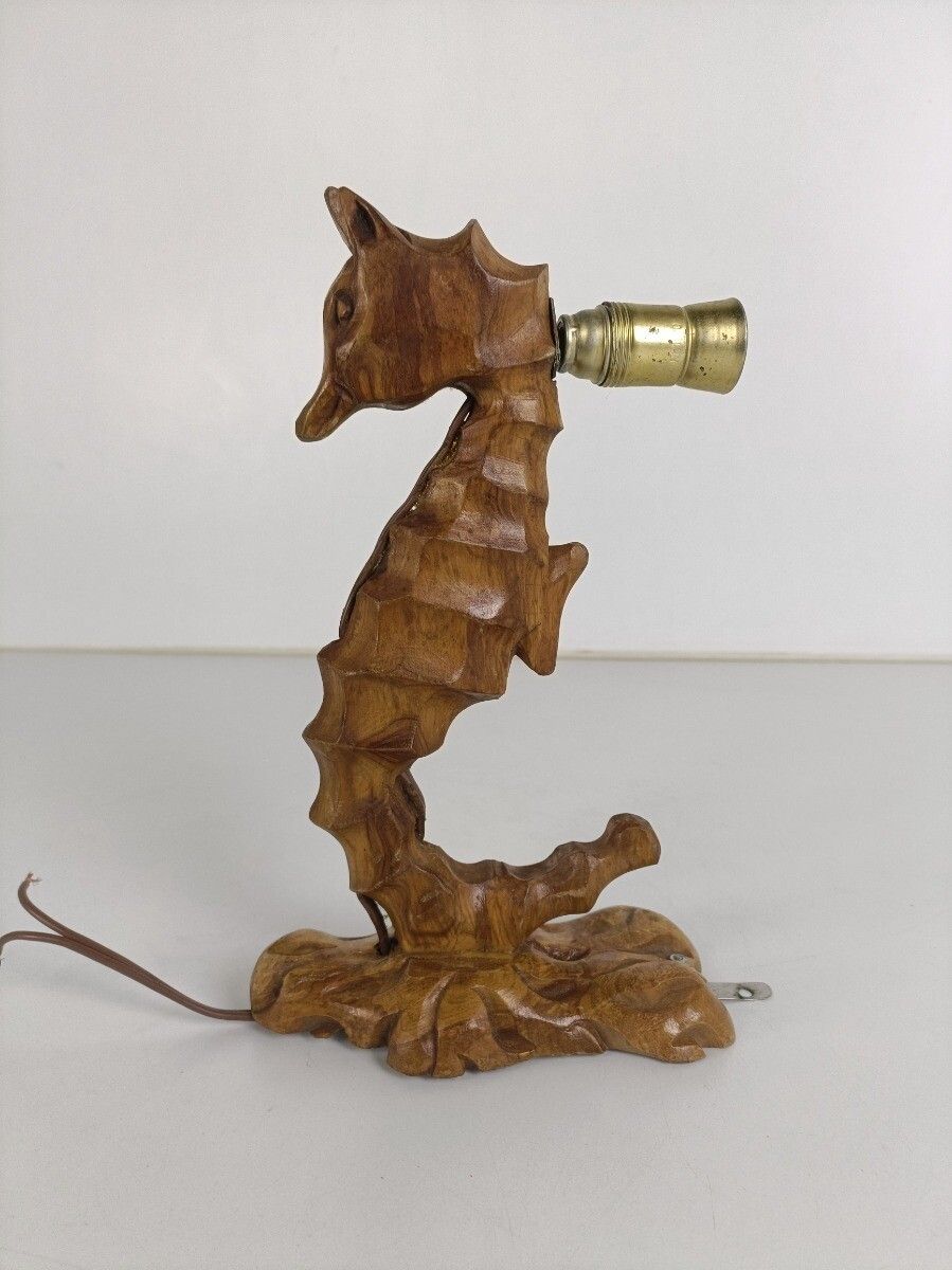 Vintage Hand Carved Wooden Wall Lamp Shade Seahorse Very Rare Funky photo Lighting