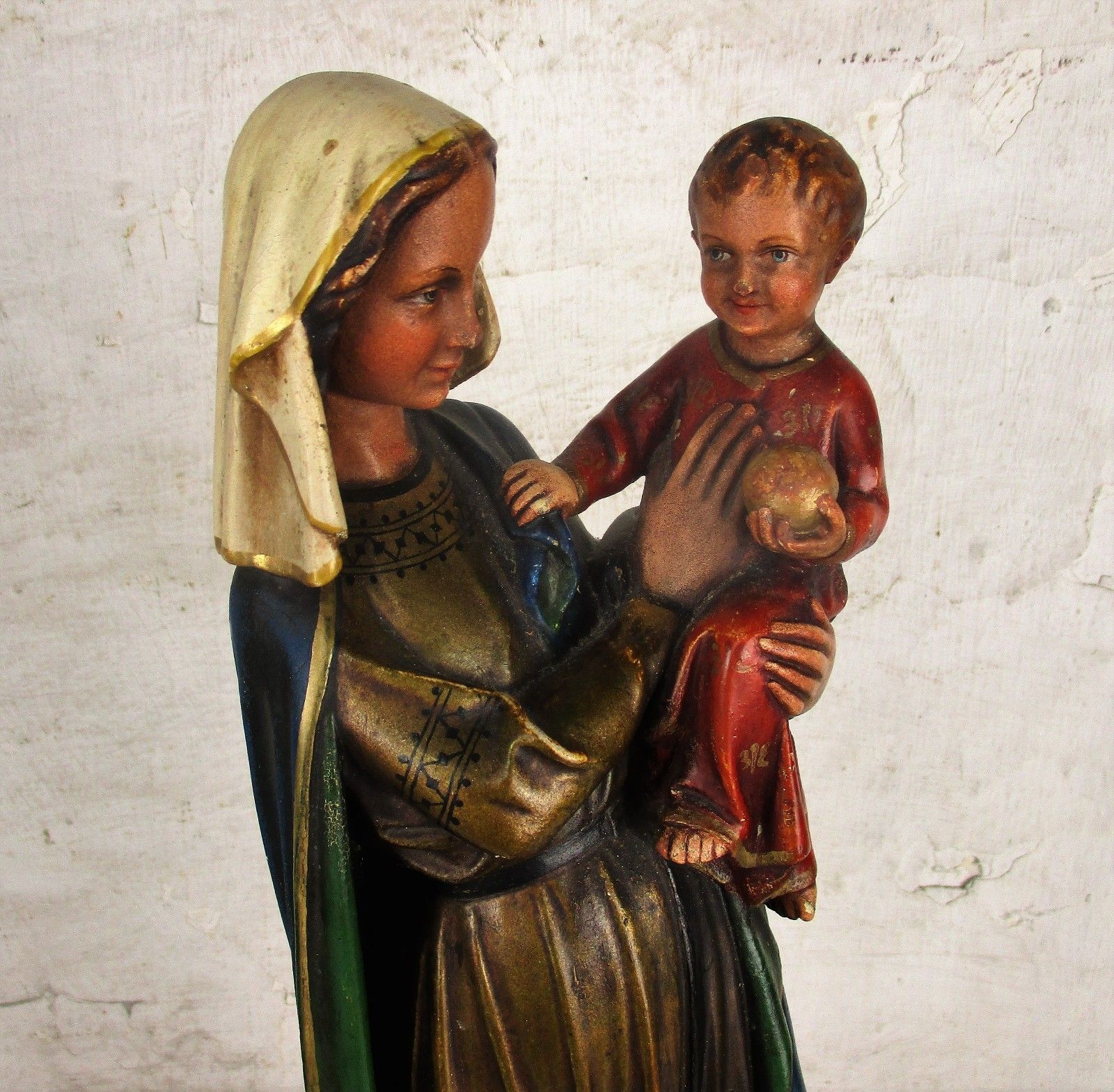 Antique 1900  Large  Church Statue Holy Mother Infant Child Neo Gothic Htf 17.7" photo Art