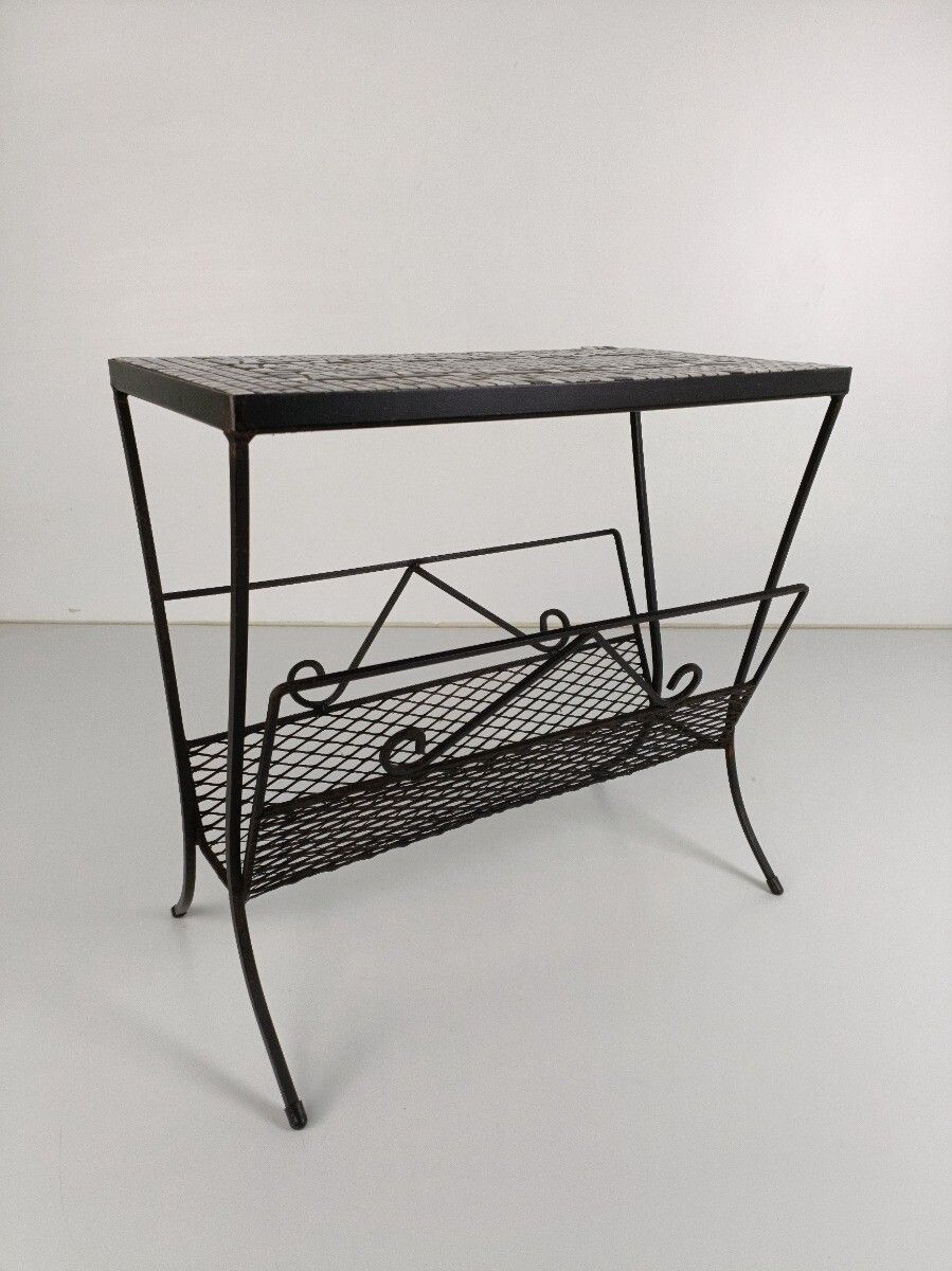 Vintage Mid Century Modern Magazine Rack Newspaper Basket Side Table Mosaic Tile photo for sale