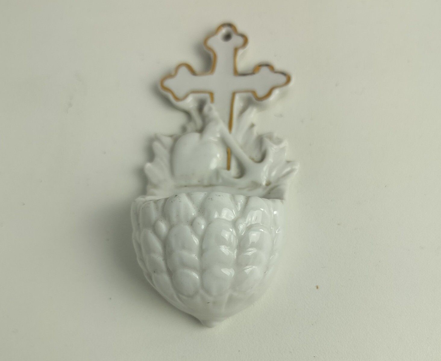 Antique Small Miniature Holy Water Font Vessel  Bisque Porcelain  White Marked G