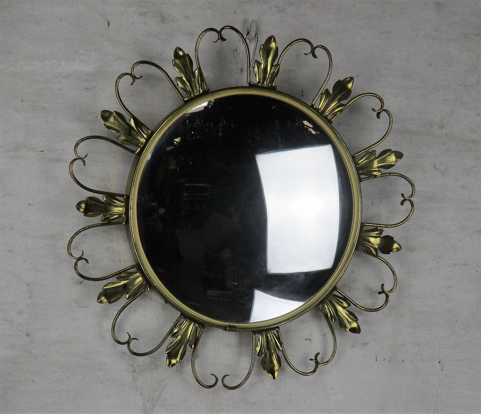 Vintage Starburst Sunburst Metal Wall Convex Mirror Mid Century Gold Leaves photo for sale