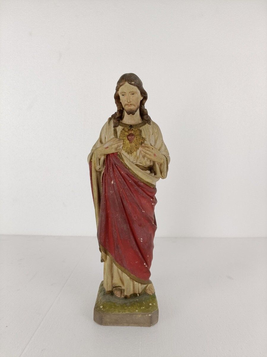 Statue Jesus Christ Savior Sacred Heart Holy Heart Plaster Antique Art Deco photo furniture