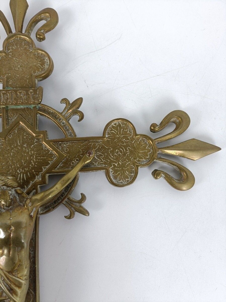 Hanging Wall Crucifix Cross Ornate Brass Jesus Christ French Fleur De Lis Lys VI photo 244.0