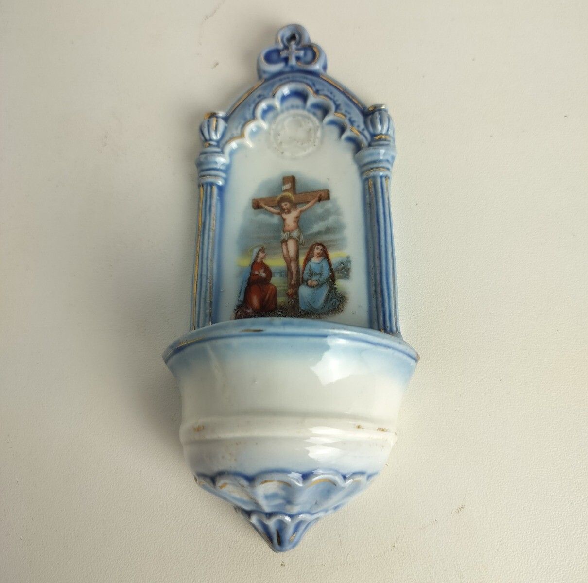 Antique Small Holy Water Font Vessel Bisque Porcelain Crucifixion Calvary Lovely photo furniture