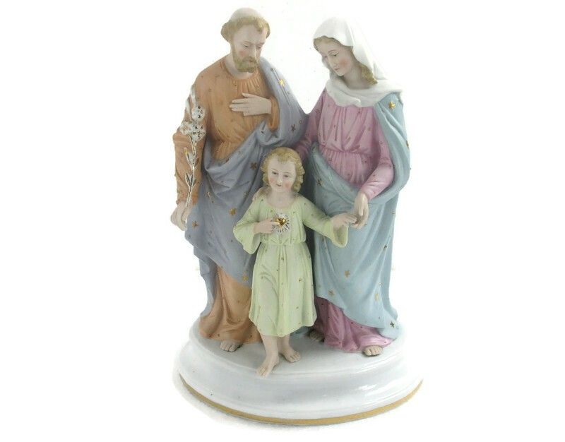 Antique Statue Holy Family Saint Joseph Virgin Mary Child Marked Bisque 11.81"