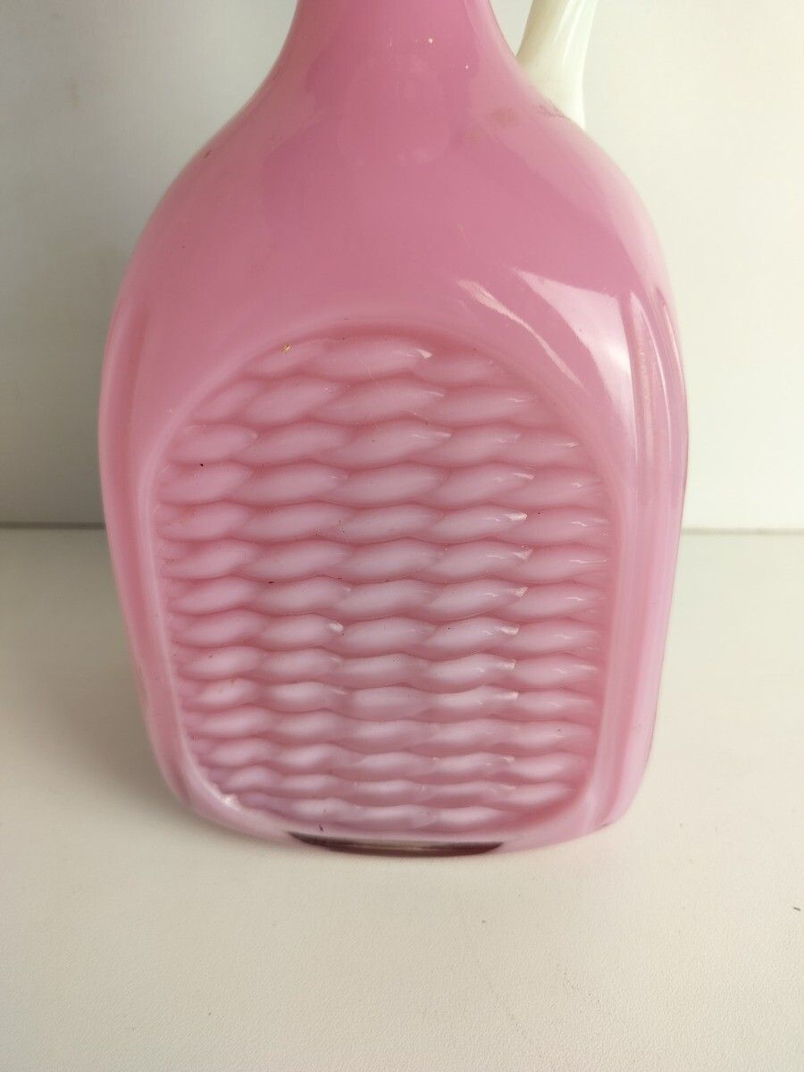 Vintage Cased Glass Opaline Pink Pitcher Jar Quilted Pattern White Ear Vase photo for sale
