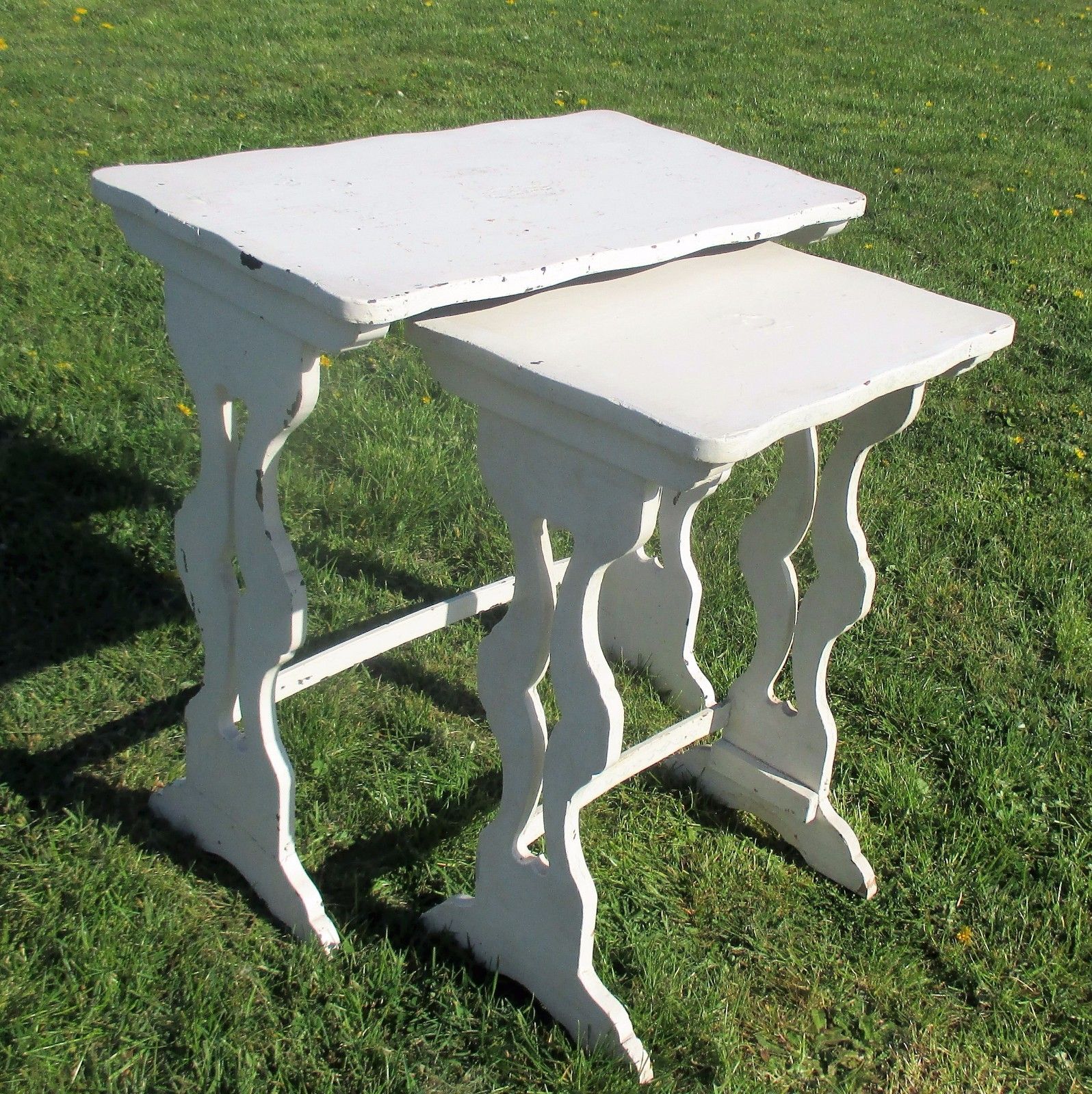 2 Antique French White Wood Nesting Side Tables French Provincial Stunning Wow