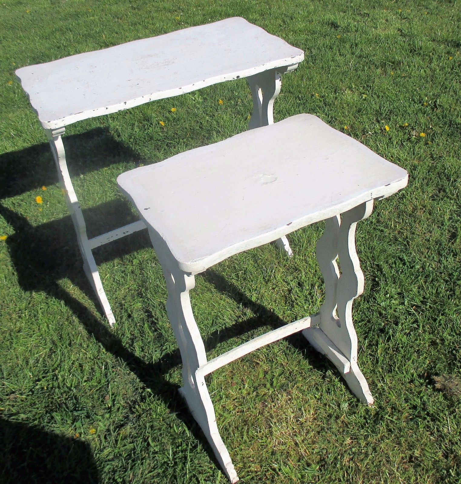2 Antique French White Wood Nesting Side Tables French Provincial Stunning Wow photo for sale