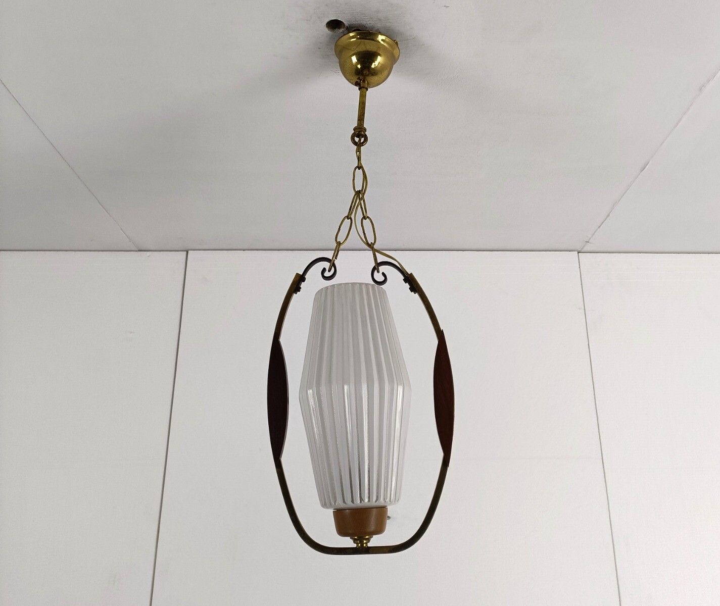 Danish Modern Chandelier Pendant Teak Brass Opaline Glass Atomic Retro Pop Art photo 223.0