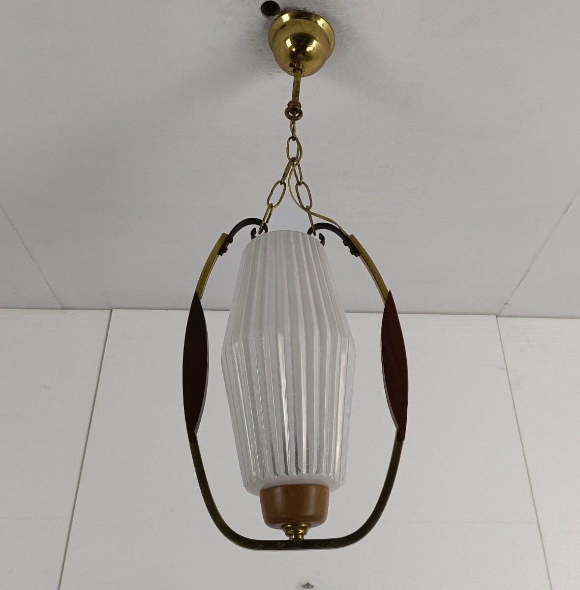 Danish Modern Chandelier Pendant Teak Brass Opaline Glass Atomic Retro Pop Art photo vinterior