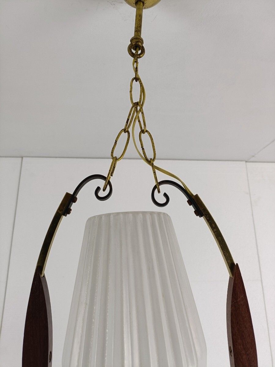 photo furniture Danish Modern Chandelier Pendant Teak Brass Opaline Glass Atomic Retro Pop Art