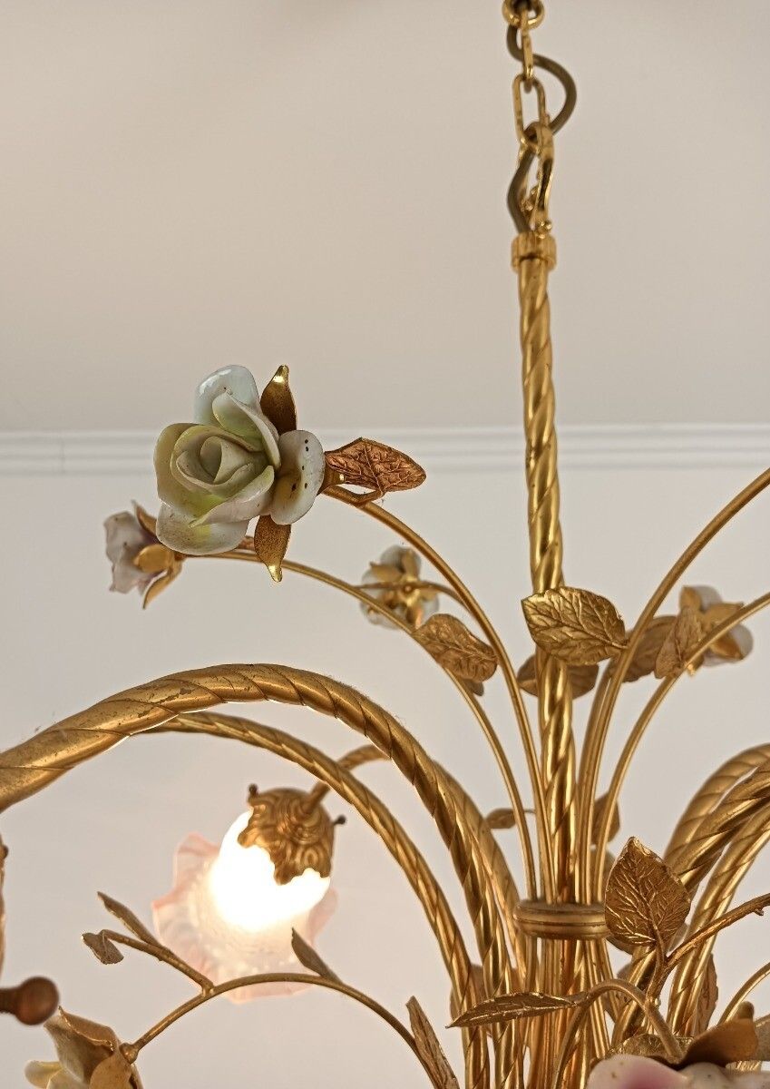 Gorgeous Chandelier Spelter Brass Porcelain Glass Shades Tulip Form Italian Flow photo vintage