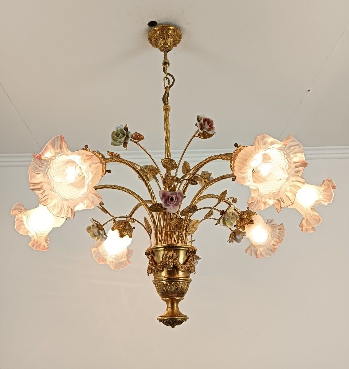 728.0 Gorgeous Chandelier Spelter Brass Porcelain Glass Shades Tulip Form Italian Flow photo