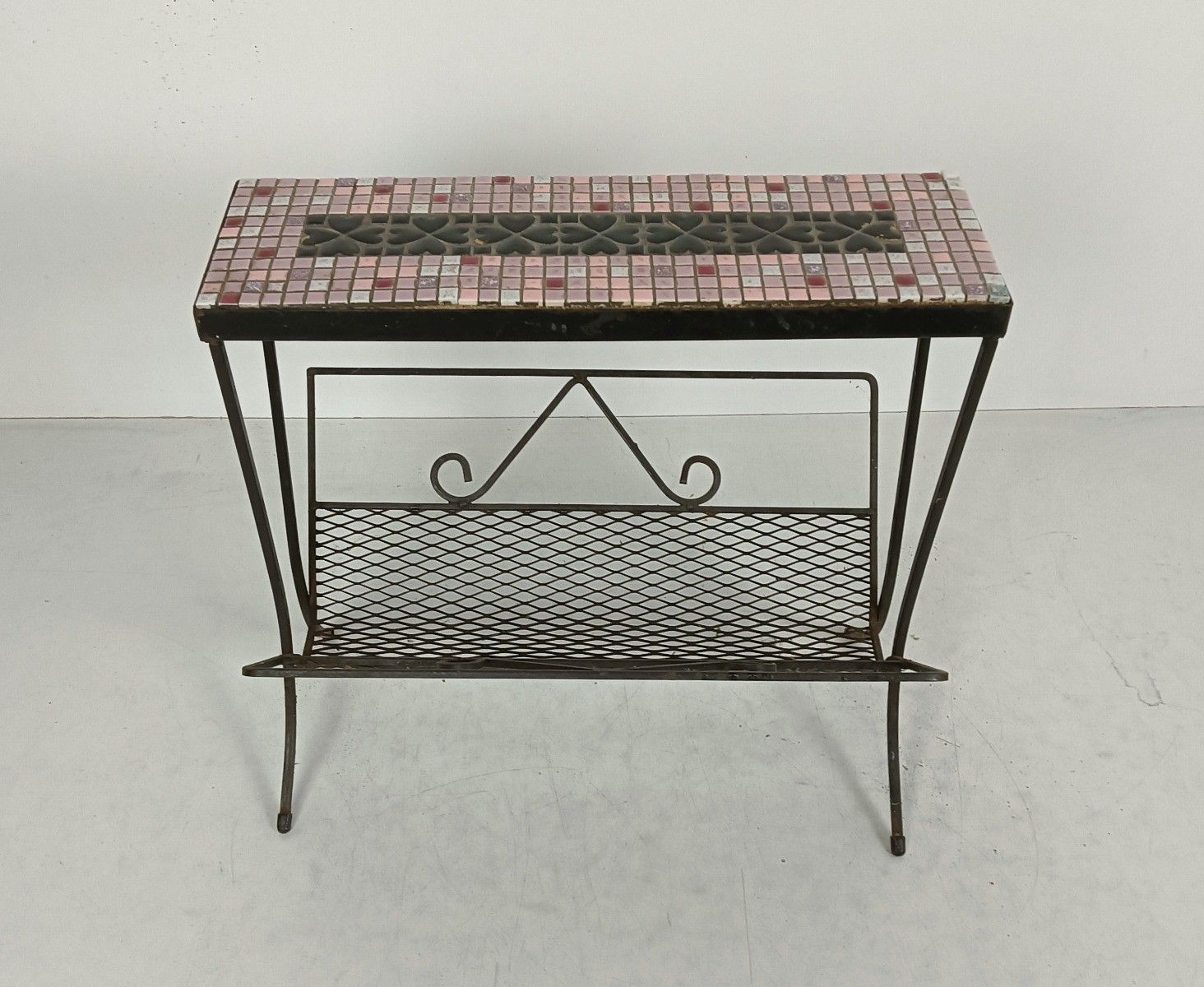 Wrought Iron Mid Century Magazine Rack Newspaper Basket Side Table Mosaic Tiles photo furniture