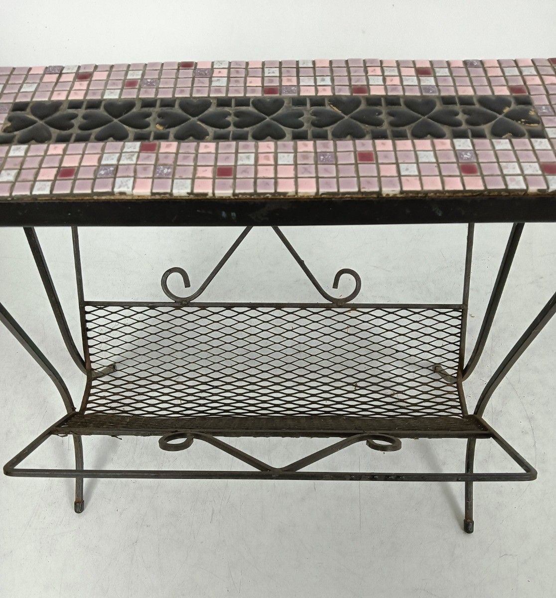 Wrought Iron Mid Century Magazine Rack Newspaper Basket Side Table Mosaic Tiles photo Furniture