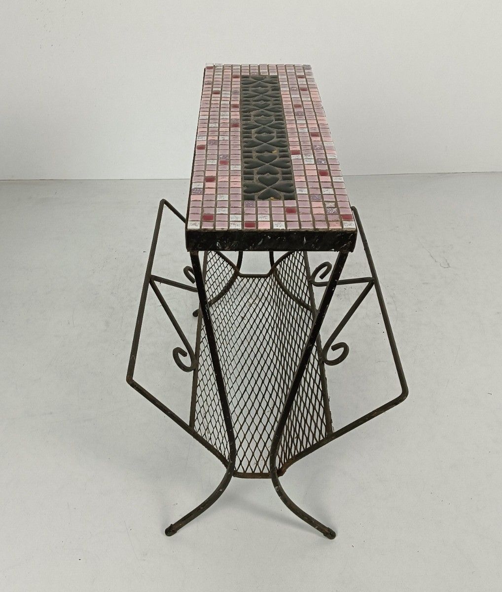 Wrought Iron Mid Century Magazine Rack Newspaper Basket Side Table Mosaic Tiles photo vinterior