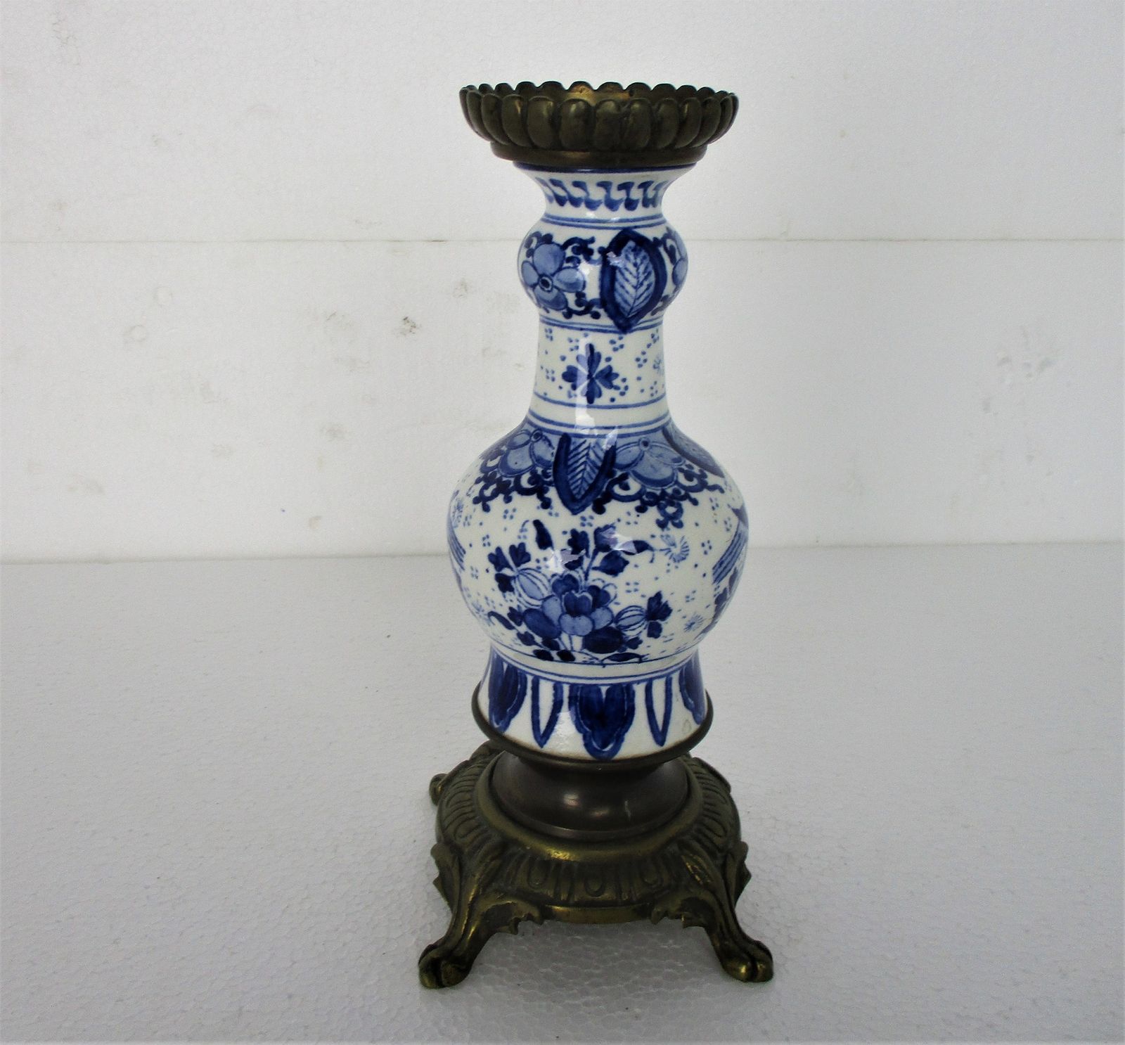 Vase Delft Holland Blue White Porcelain Brass Base And Top Centerpiece Candle Ho photo for sale