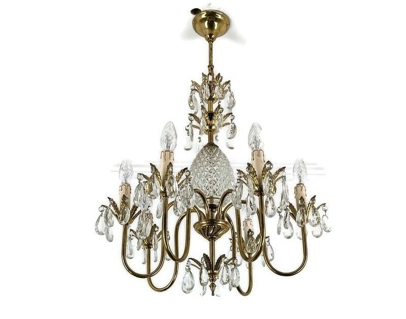 Hollywood Regency Chandelier Crystal Pine Apple Brass Prisms Stunning 6 Lights